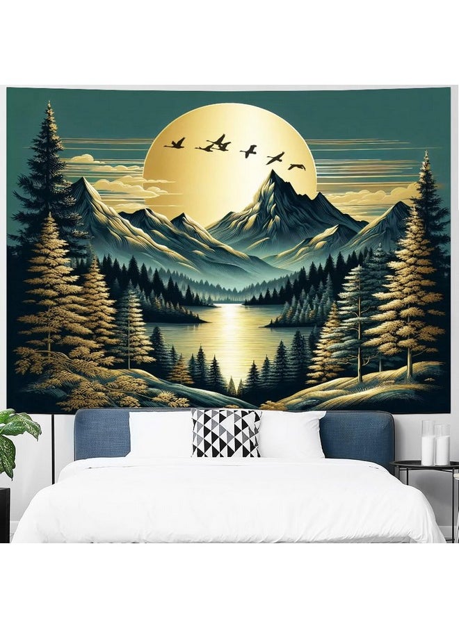 Mountain Moon Tapestry Forest Tree Tapestry Nature Landscape Tapestry Magical River Tapestry Vintage Aesthetic Tapestry Wall Hanging For Bedroom