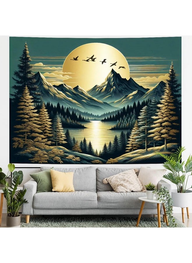 Mountain Moon Tapestry Forest Tree Tapestry Nature Landscape Tapestry Magical River Tapestry Vintage Aesthetic Tapestry Wall Hanging For Bedroom