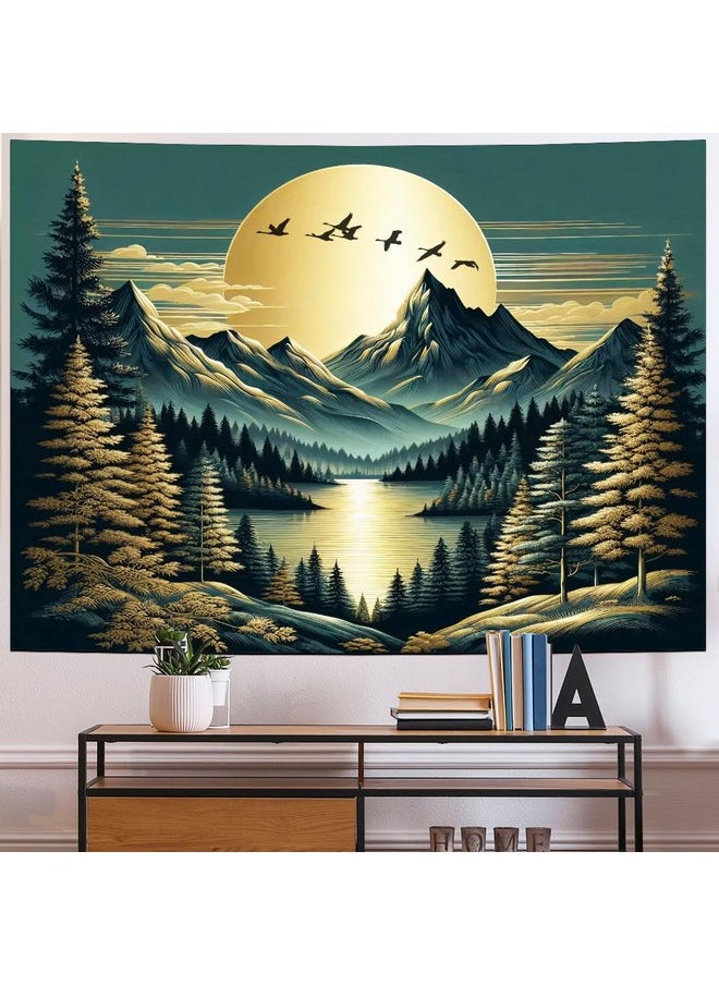 Mountain Moon Tapestry Forest Tree Tapestry Nature Landscape Tapestry Magical River Tapestry Vintage Aesthetic Tapestry Wall Hanging For Bedroom