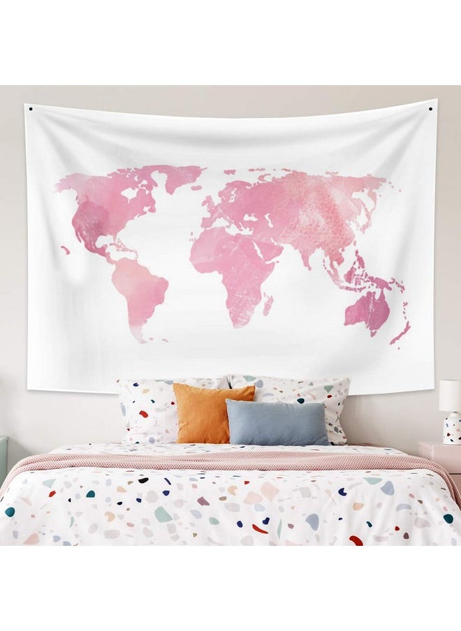 World Map Tapestry Pink & White Watercolor Global Map Tapestry Wall Hanging Wall Art For Bedroom Living Room Widely Use Dorm Decor 33.9X27.6 Inches