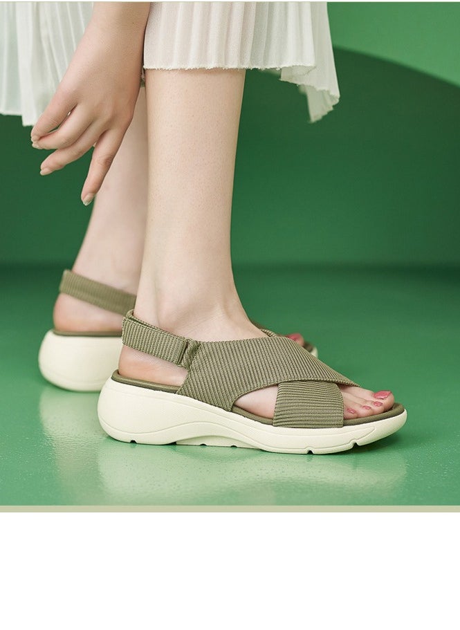 Women's Casual Sports Thick Soled Non Slip Sandals Stylish Wedge Shoes  Olive Green