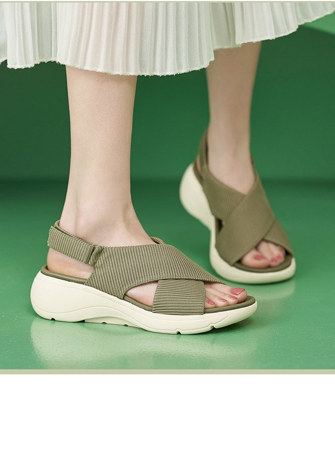 Women's Casual Sports Thick Soled Non Slip Sandals Stylish Wedge Shoes  Olive Green