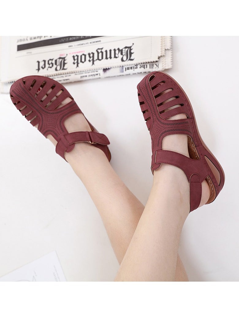 Women's Closed Toe Retro Thick Soled Non Slip Wedge Sandals Summer Platform Shoes Purplish Red