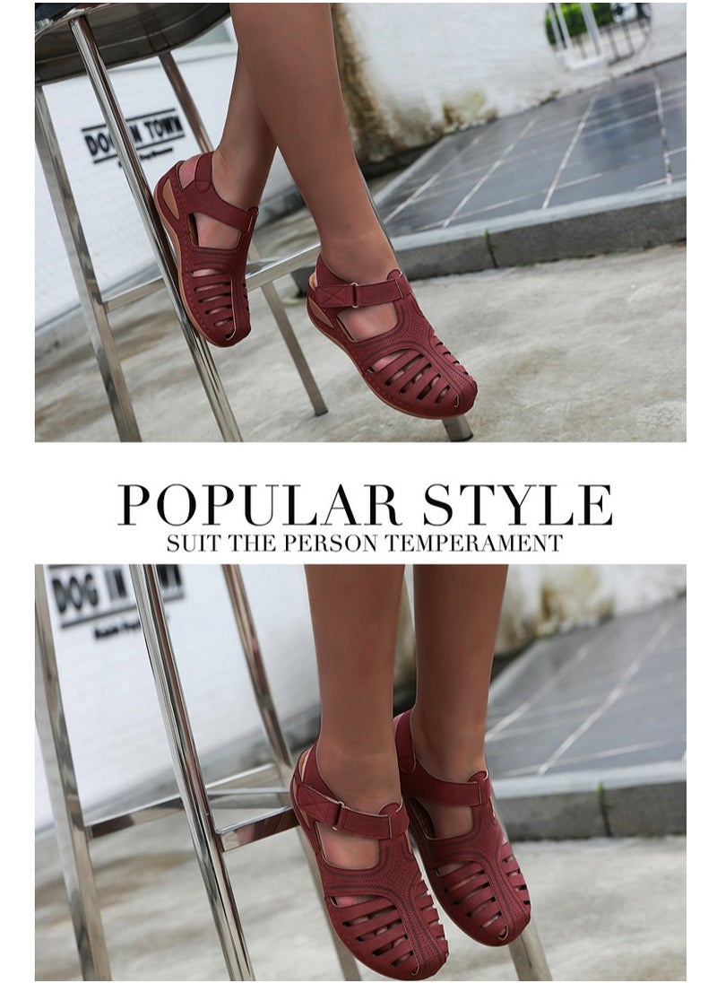 Women's Closed Toe Retro Thick Soled Non Slip Wedge Sandals Summer Platform Shoes Purplish Red