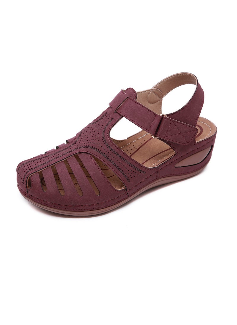 Women's Closed Toe Retro Thick Soled Non Slip Wedge Sandals Summer Platform Shoes Purplish Red