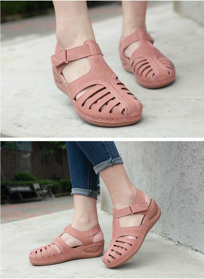 Women's Closed Toe Retro Thick Soled Non Slip Wedge Sandals Summer Platform Shoes Pink