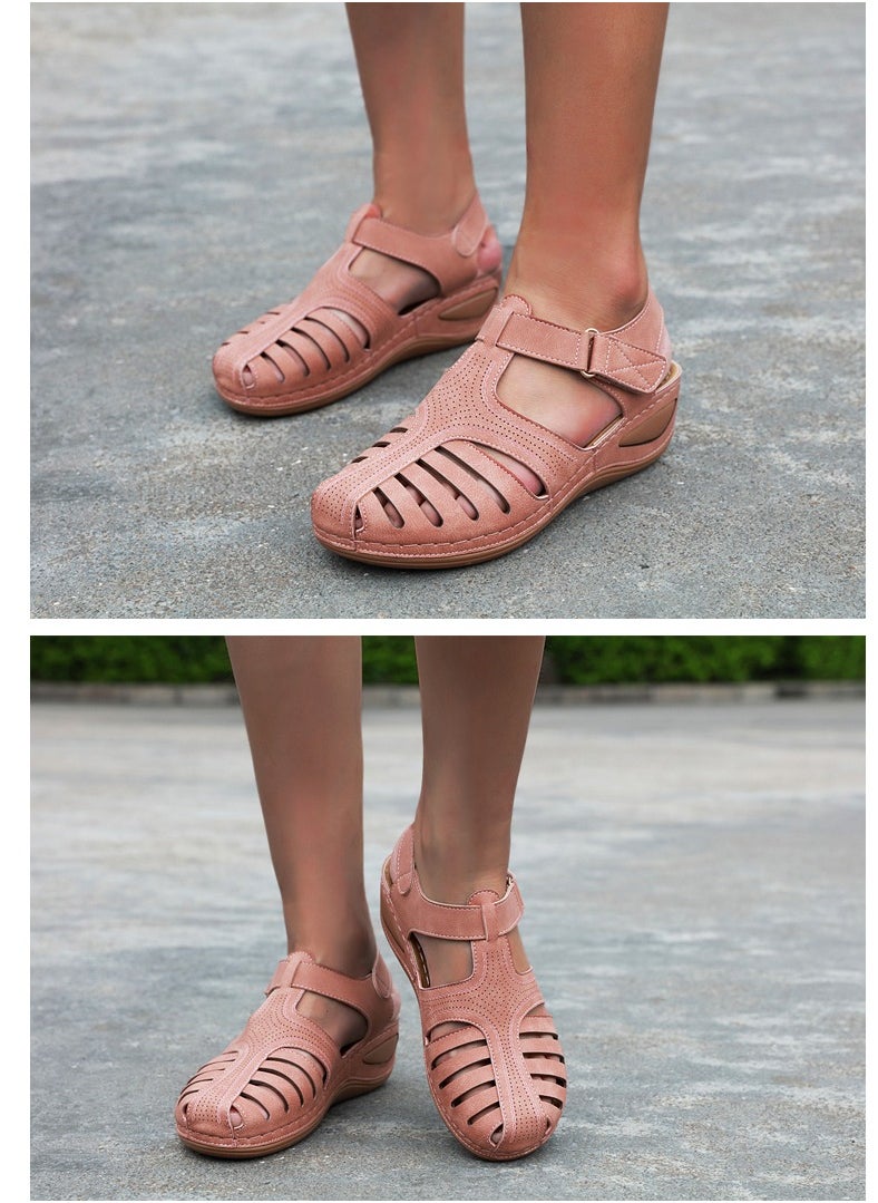 Women's Closed Toe Retro Thick Soled Non Slip Wedge Sandals Summer Platform Shoes Pink