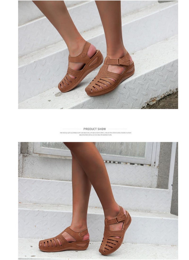 Women's Closed Toe Retro Thick Soled Non Slip Wedge Sandals Summer Platform Shoes Brown