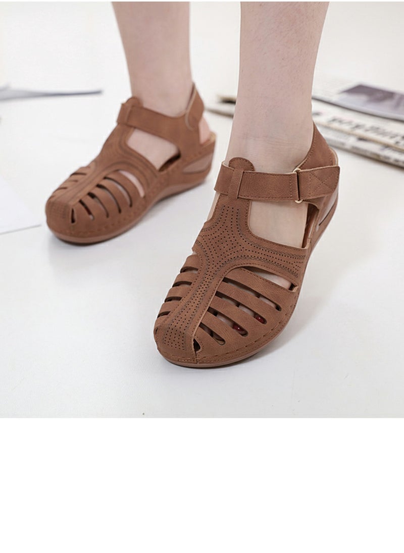 Women's Closed Toe Retro Thick Soled Non Slip Wedge Sandals Summer Platform Shoes Brown