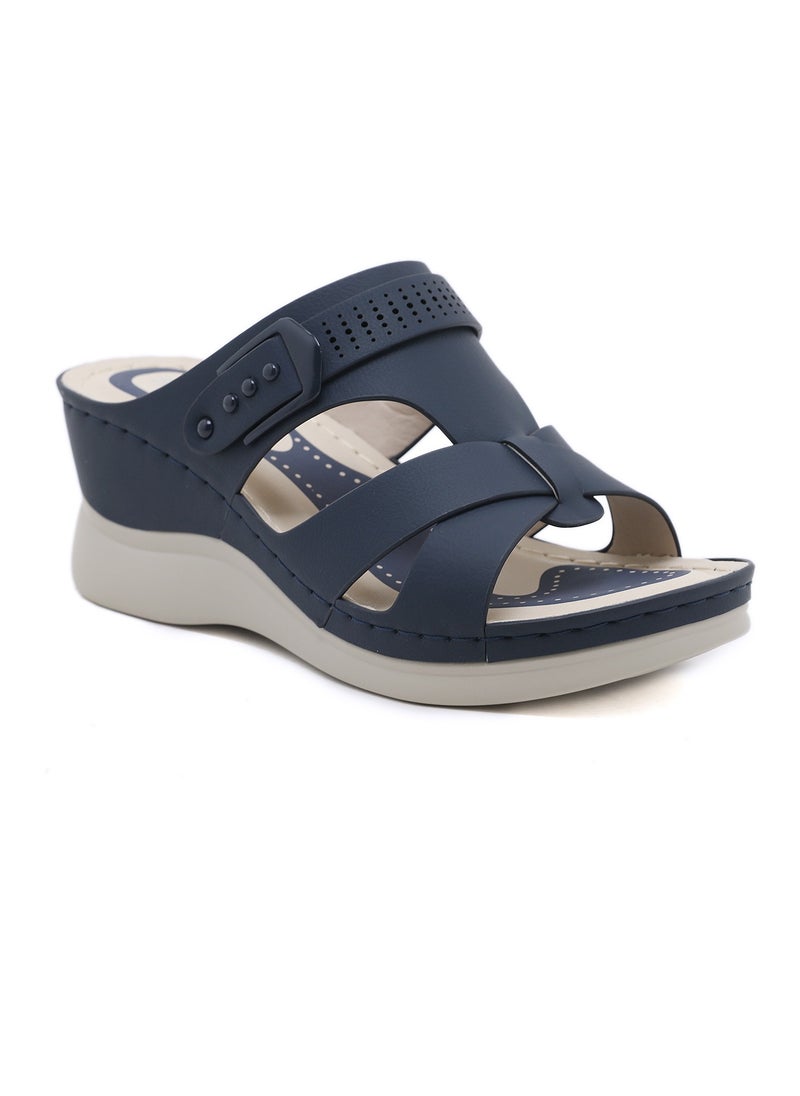 Womens Wedge Sandals Slippers Casual Slip On Summer Shoes Dark Blue