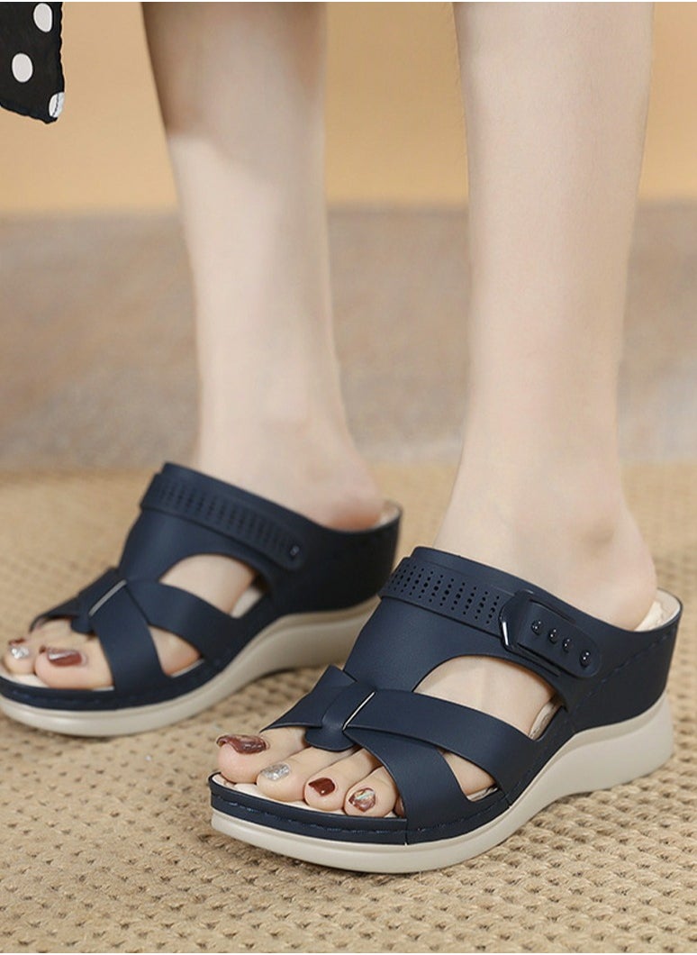 Womens Wedge Sandals Slippers Casual Slip On Summer Shoes Dark Blue