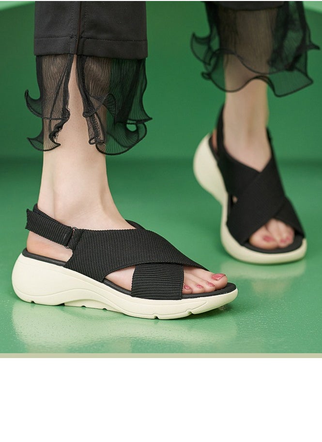 Women's Casual Sports Thick Soled Non Slip Sandals Stylish Wedge Shoes  Black