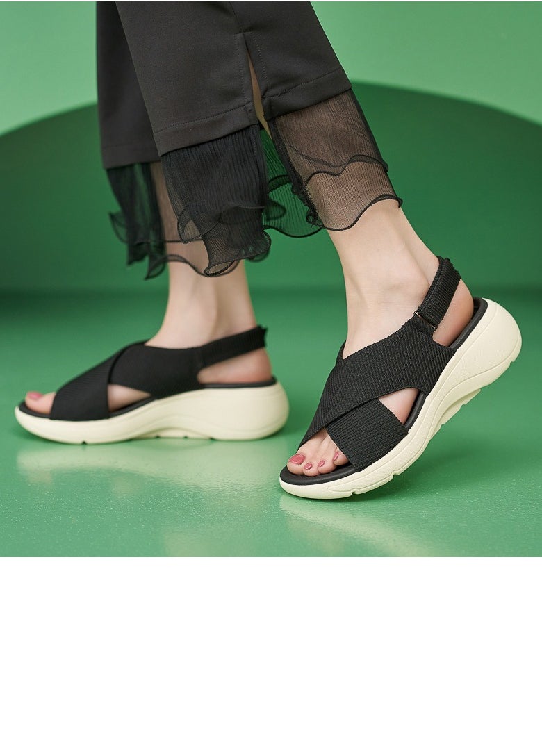 Women's Casual Sports Thick Soled Non Slip Sandals Stylish Wedge Shoes  Black