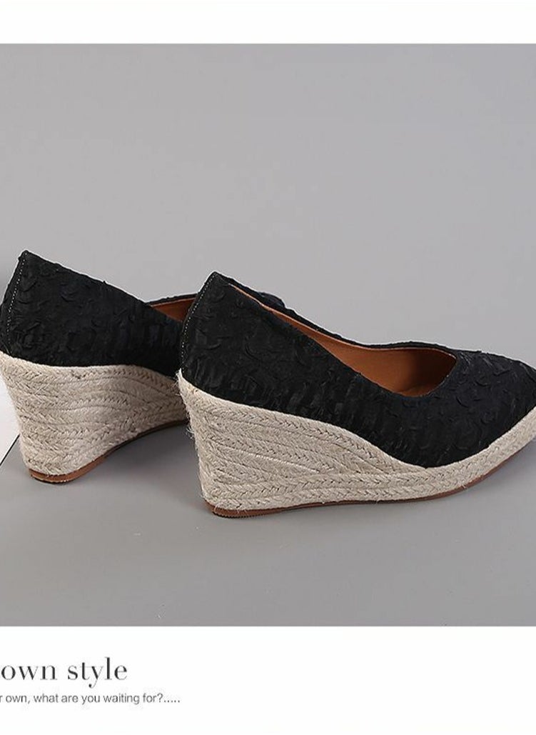 Women's Platform Espadrilles Wedge Heeled Sandals Slip On Closed Pointed Toe Wedge Pumps Shoes Black