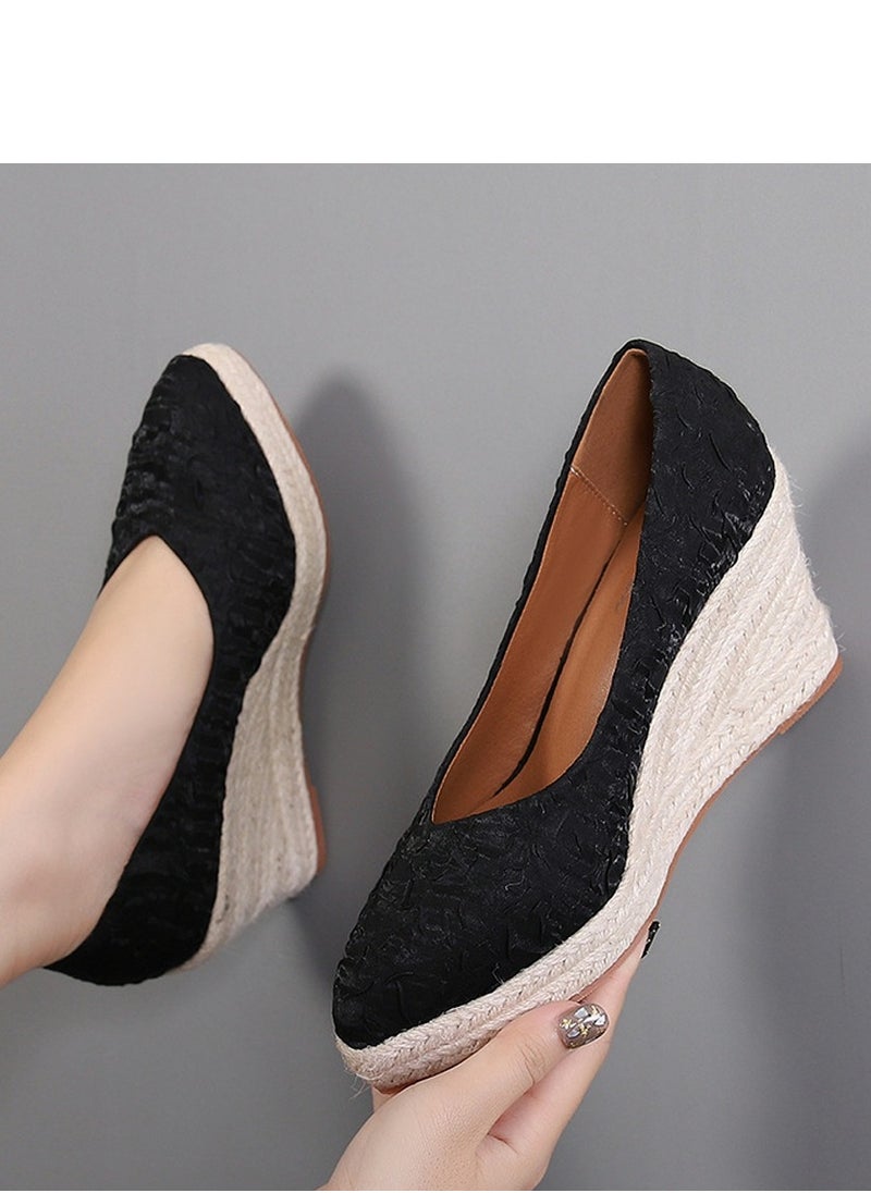 Women's Platform Espadrilles Wedge Heeled Sandals Slip On Closed Pointed Toe Wedge Pumps Shoes Black