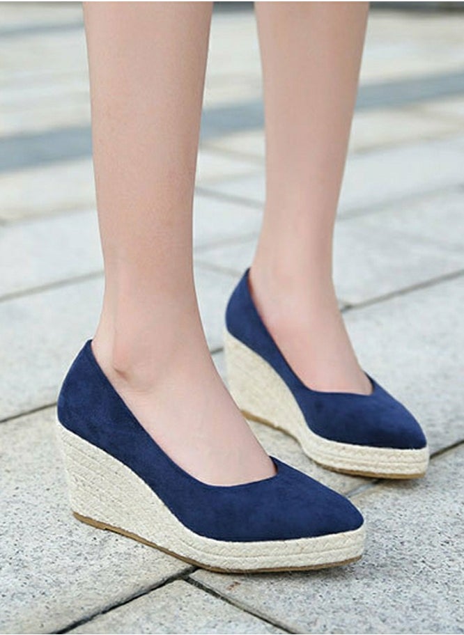 Women's Platform Espadrilles Wedge Heeled Sandals Slip On Closed Pointed Toe Wedge Pumps Navy Blue