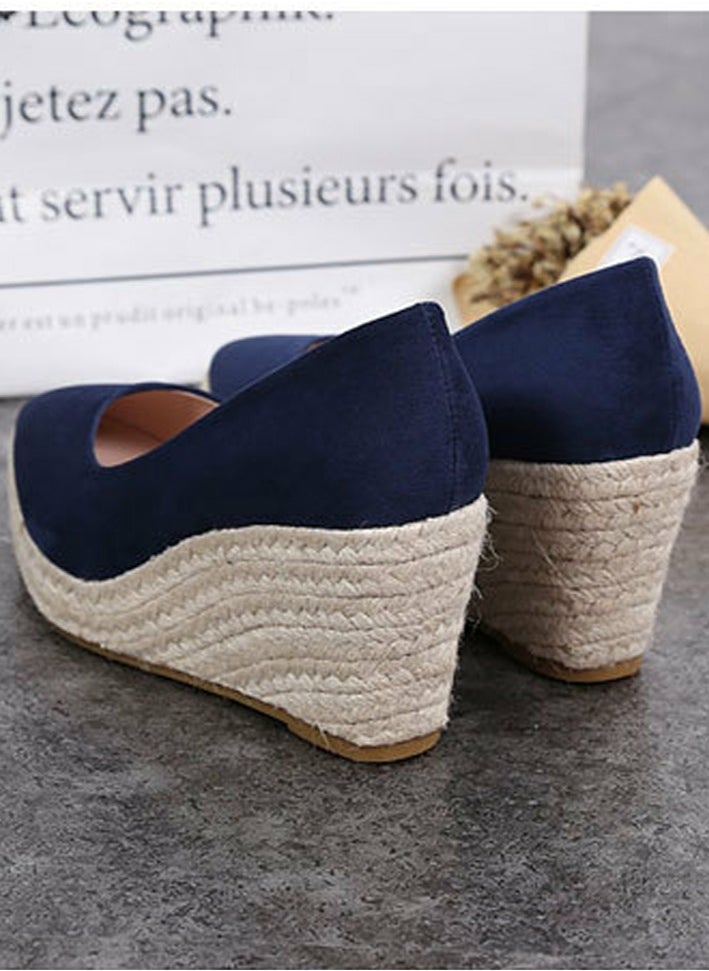 Women's Platform Espadrilles Wedge Heeled Sandals Slip On Closed Pointed Toe Wedge Pumps Navy Blue