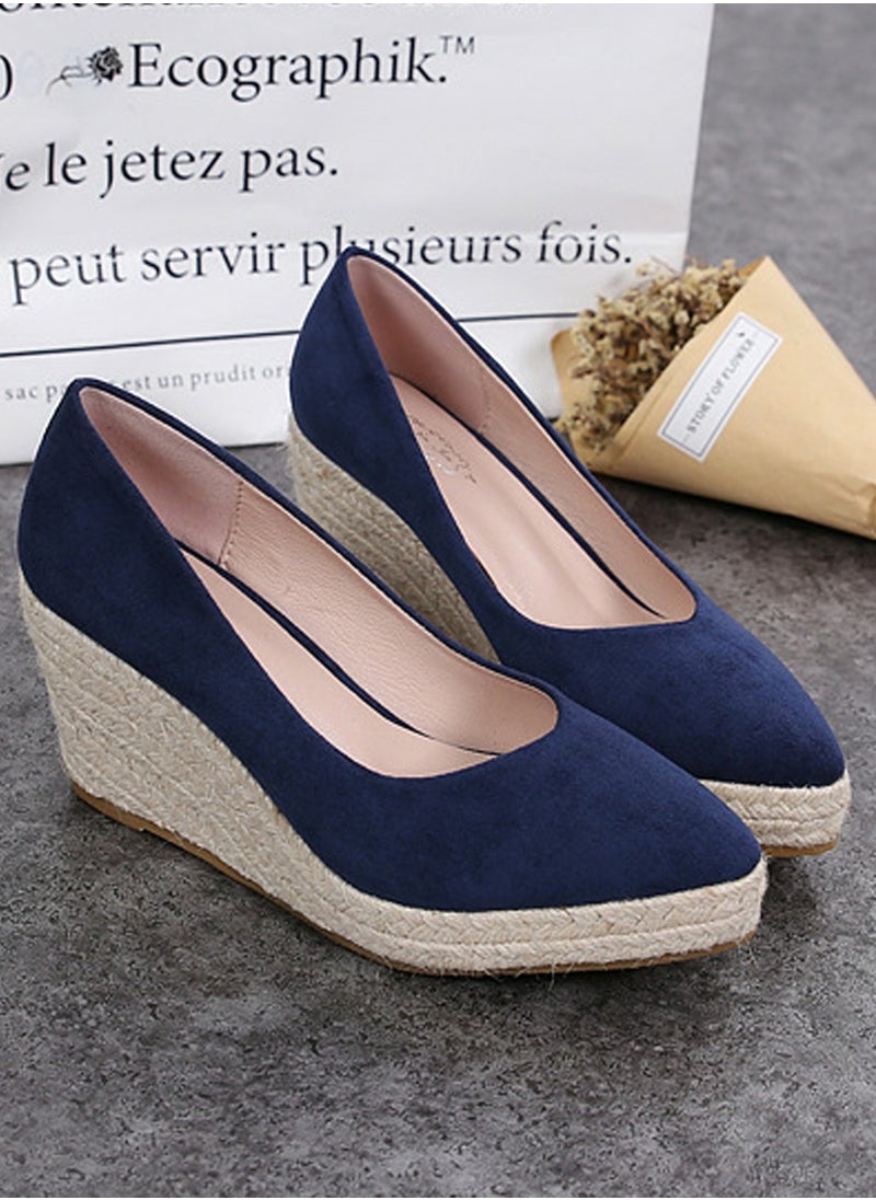 Women's Platform Espadrilles Wedge Heeled Sandals Slip On Closed Pointed Toe Wedge Pumps Navy Blue