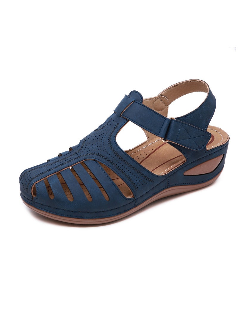 Women's Closed Toe Retro Thick Soled Non Slip Wedge Sandals Summer Platform Shoes Navy Blue