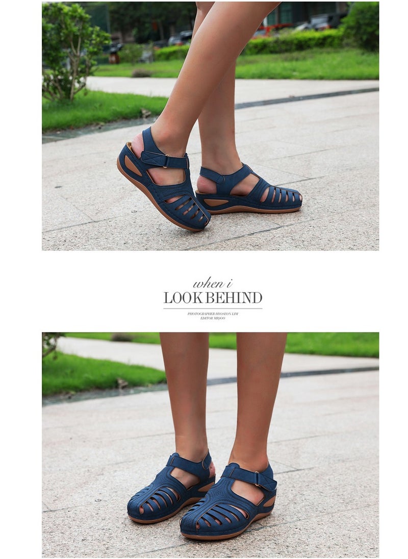 Women's Closed Toe Retro Thick Soled Non Slip Wedge Sandals Summer Platform Shoes Navy Blue