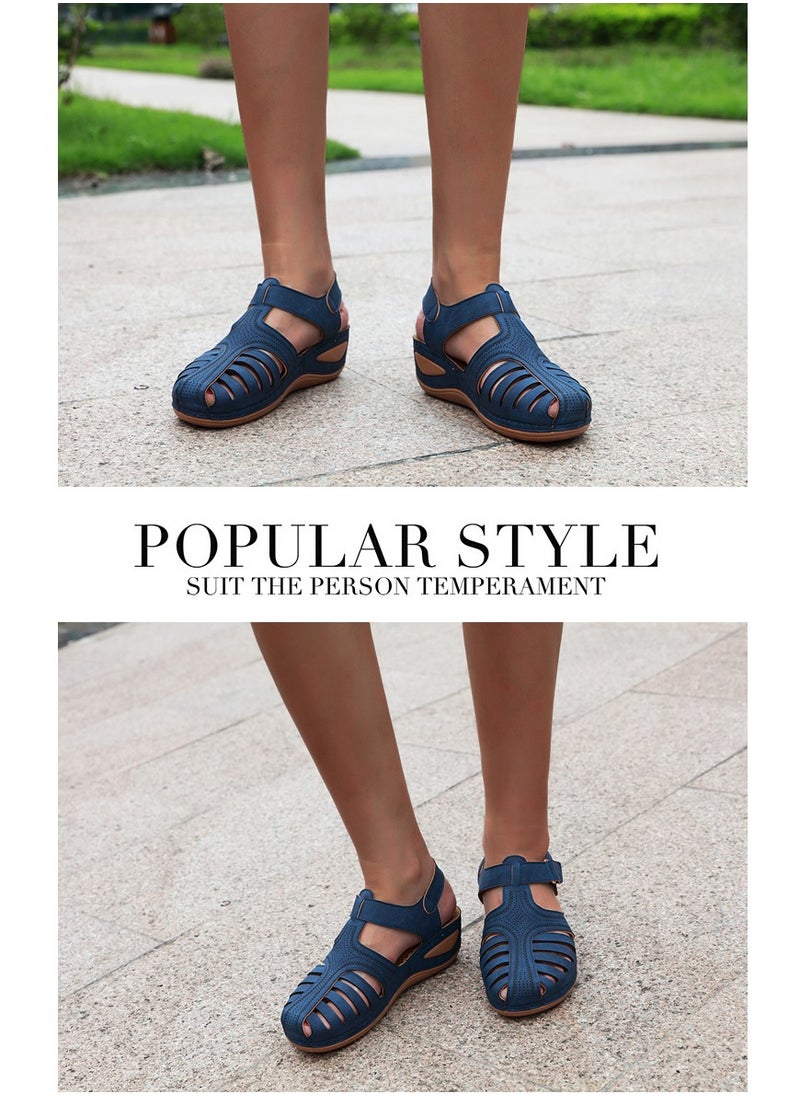 Women's Closed Toe Retro Thick Soled Non Slip Wedge Sandals Summer Platform Shoes Navy Blue