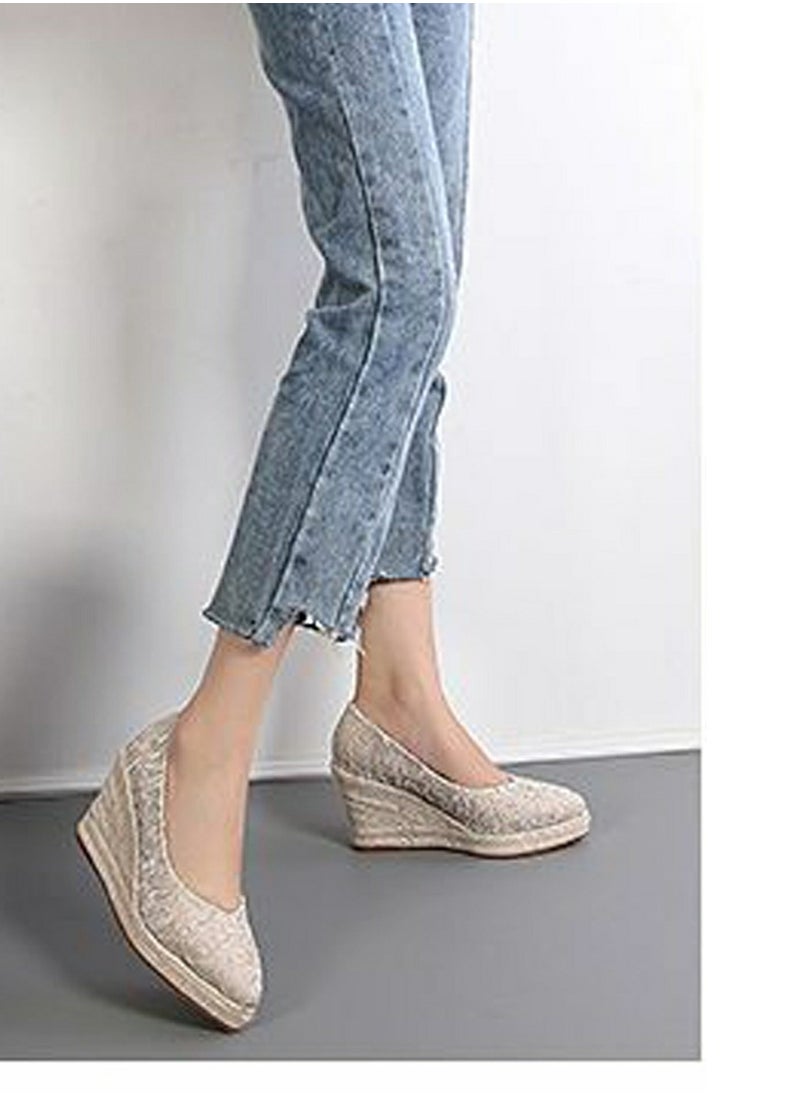 Women's Platform Espadrilles Wedge Heeled Sandals Slip On Closed Pointed Toe Wedge Pumps Shoes Apricot