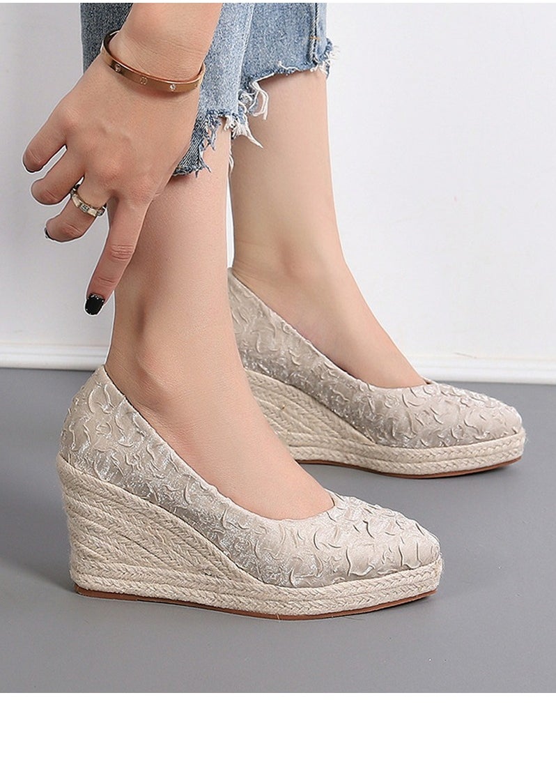 Women's Platform Espadrilles Wedge Heeled Sandals Slip On Closed Pointed Toe Wedge Pumps Shoes Apricot