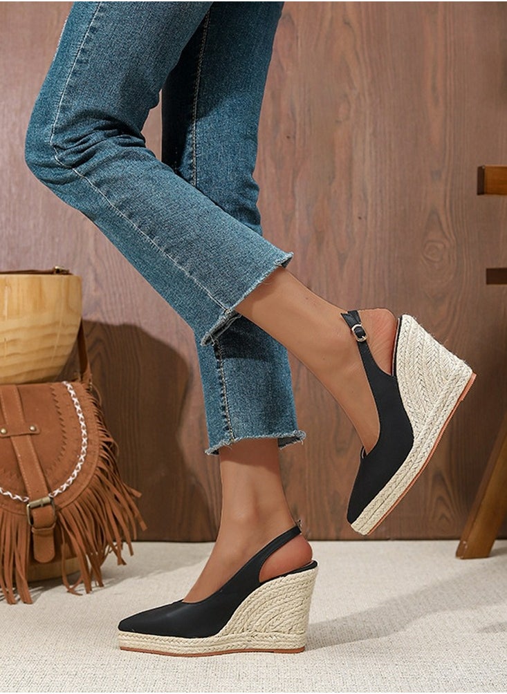 Espadrilles Wedge Sandals Closed Toe Slingback Buckle Strap Wedges Pumps Platform Heeled Sandal Black