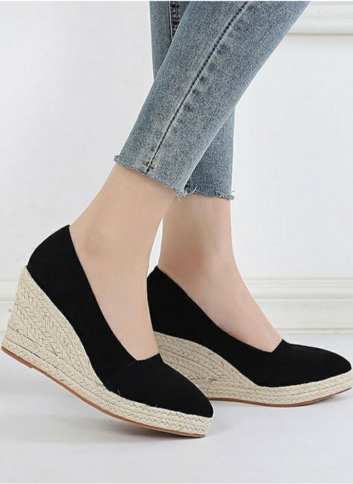 Women's Platform Espadrilles Wedge Heeled Sandals Slip On Closed Pointed Toe Wedge Pumps Black