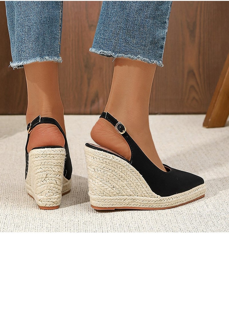 Espadrilles Wedge Sandals Closed Pointed Toe Slingback Buckle Strap Wedges Pumps Platform Heeled Sandal Black