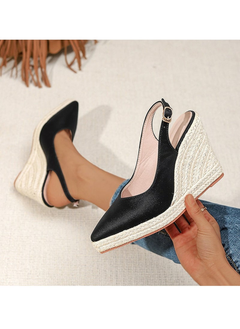 Espadrilles Wedge Sandals Closed Pointed Toe Slingback Buckle Strap Wedges Pumps Platform Heeled Sandal Black