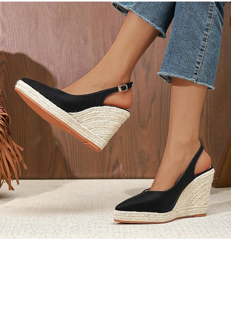 Espadrilles Wedge Sandals Closed Pointed Toe Slingback Buckle Strap Wedges Pumps Platform Heeled Sandal Black