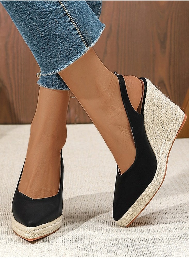 Espadrilles Wedge Sandals Closed Pointed Toe Slingback Buckle Strap Wedges Pumps Platform Heeled Sandal Black