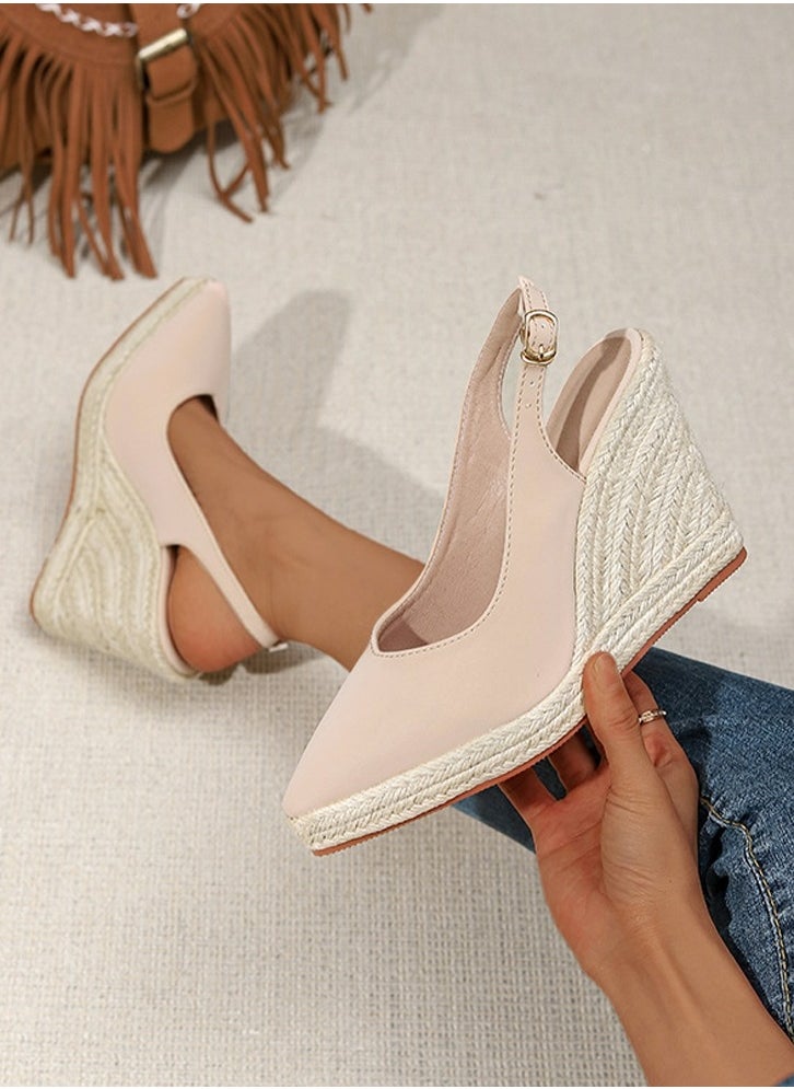 Espadrilles Wedge Sandals Closed Pointed Toe Slingback Buckle Strap Wedges Pumps Platform Heeled Sandal Apricot