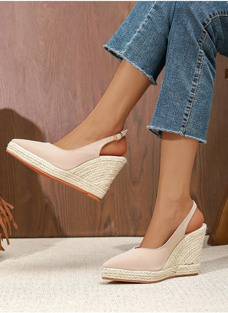 Espadrilles Wedge Sandals Closed Pointed Toe Slingback Buckle Strap Wedges Pumps Platform Heeled Sandal Apricot