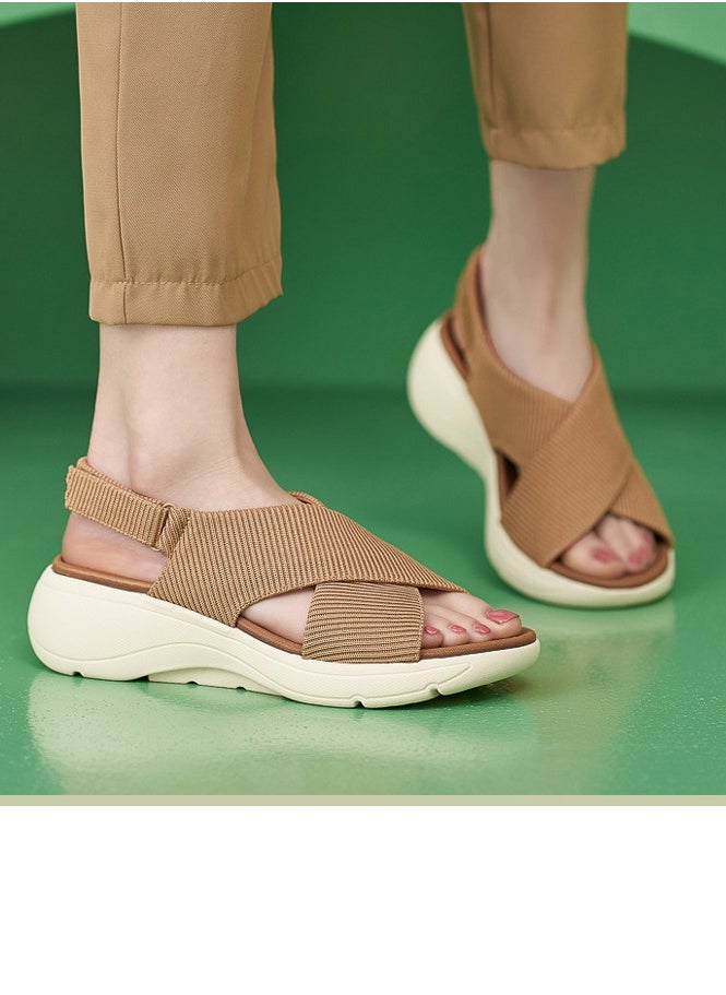 Women's Casual Sports Thick Soled Non Slip Sandals Stylish Wedge Shoes  Light Brown