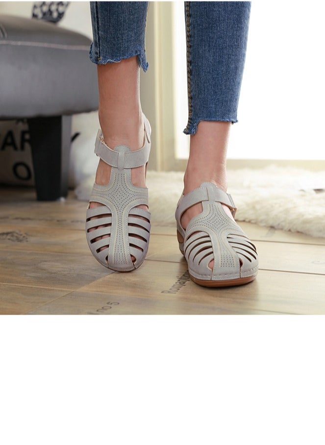 Women's Closed Toe Retro Thick Soled Non Slip Wedge Sandals Summer Platform Shoes Grey