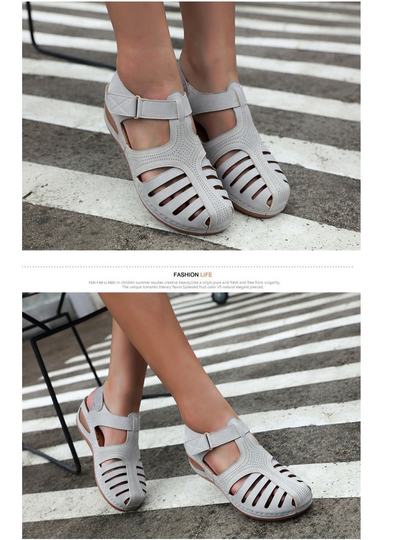 Women's Closed Toe Retro Thick Soled Non Slip Wedge Sandals Summer Platform Shoes Grey