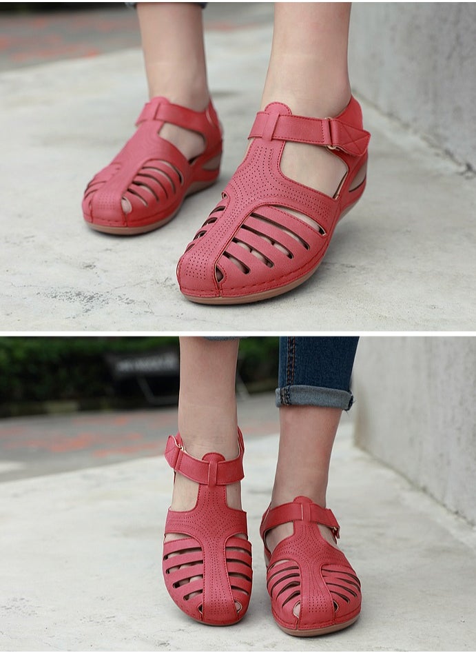 Women's Closed Toe Retro Thick Soled Non Slip Wedge Sandals Summer Platform Shoes Rose Red