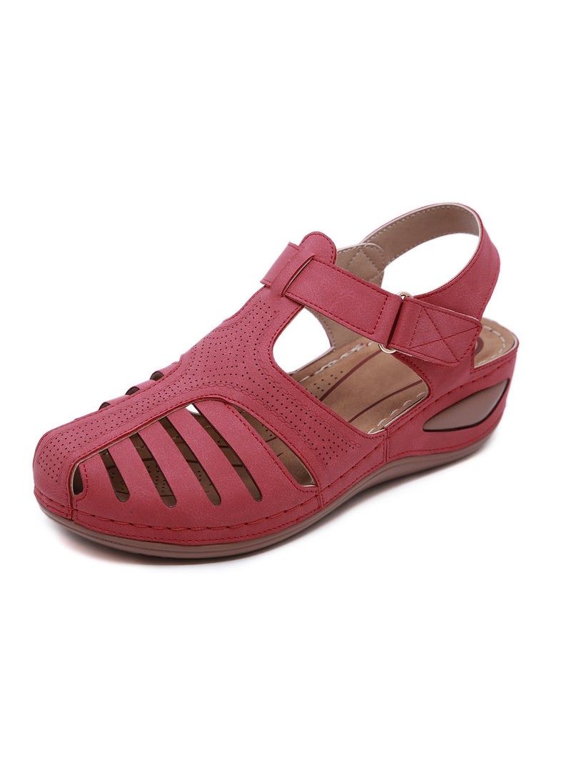 Women's Closed Toe Retro Thick Soled Non Slip Wedge Sandals Summer Platform Shoes Rose Red