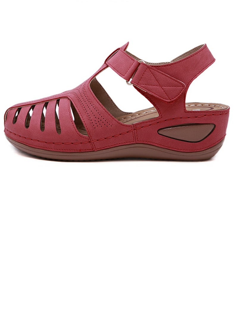 Women's Closed Toe Retro Thick Soled Non Slip Wedge Sandals Summer Platform Shoes Rose Red