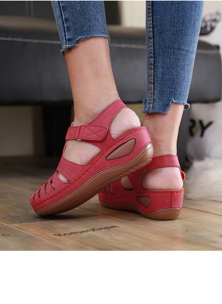 Women's Closed Toe Retro Thick Soled Non Slip Wedge Sandals Summer Platform Shoes Rose Red