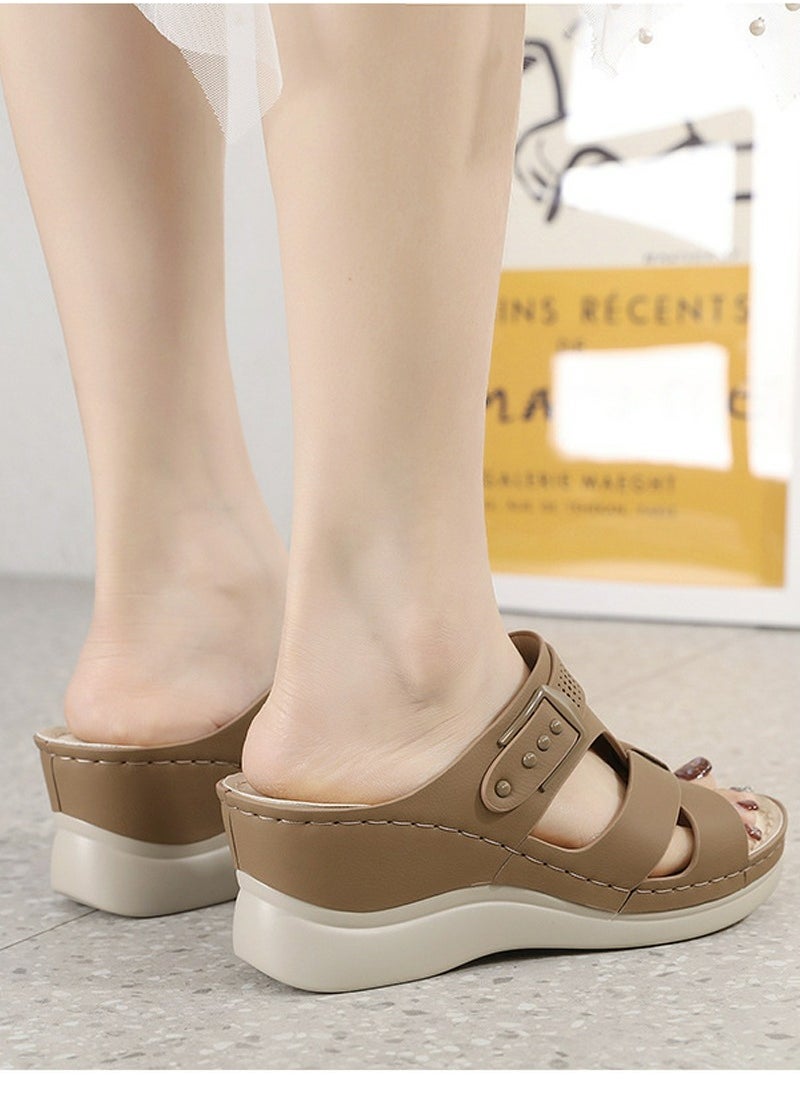 Womens Wedge Sandals Slippers Casual Slip On Summer Shoes Brown