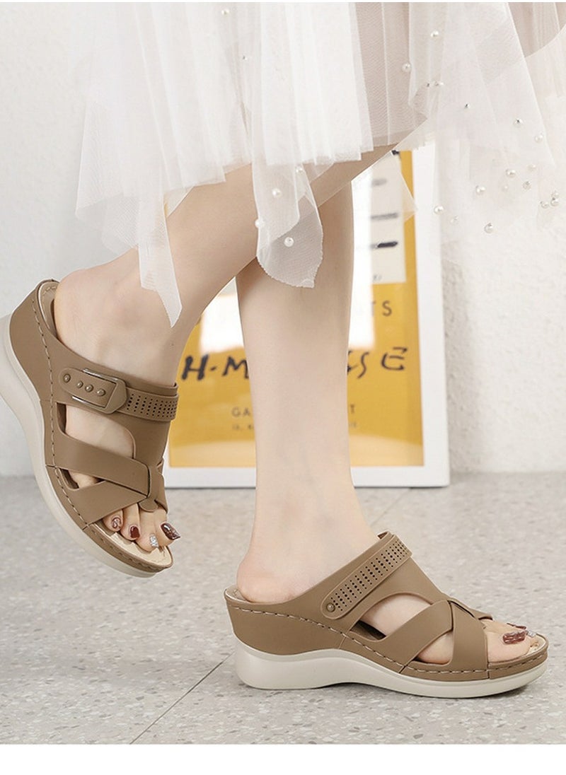 Womens Wedge Sandals Slippers Casual Slip On Summer Shoes Brown