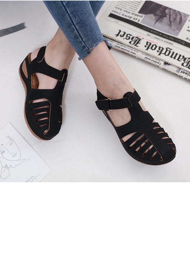 Women's Closed Toe Retro Thick Soled Non Slip Wedge Sandals Summer Platform Shoes Black