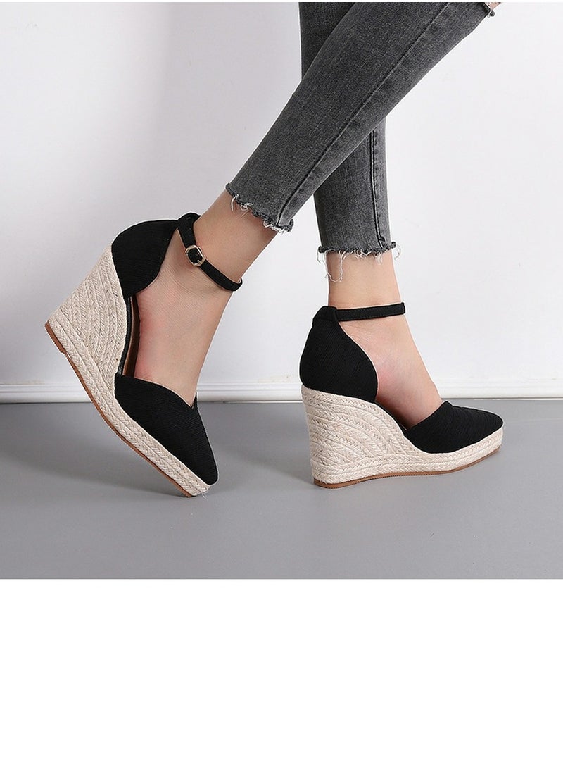 Women's Platform Espadrilles Wedge Sandals Ankle Strap Closed Pointed Toe Heeled Shoes Black