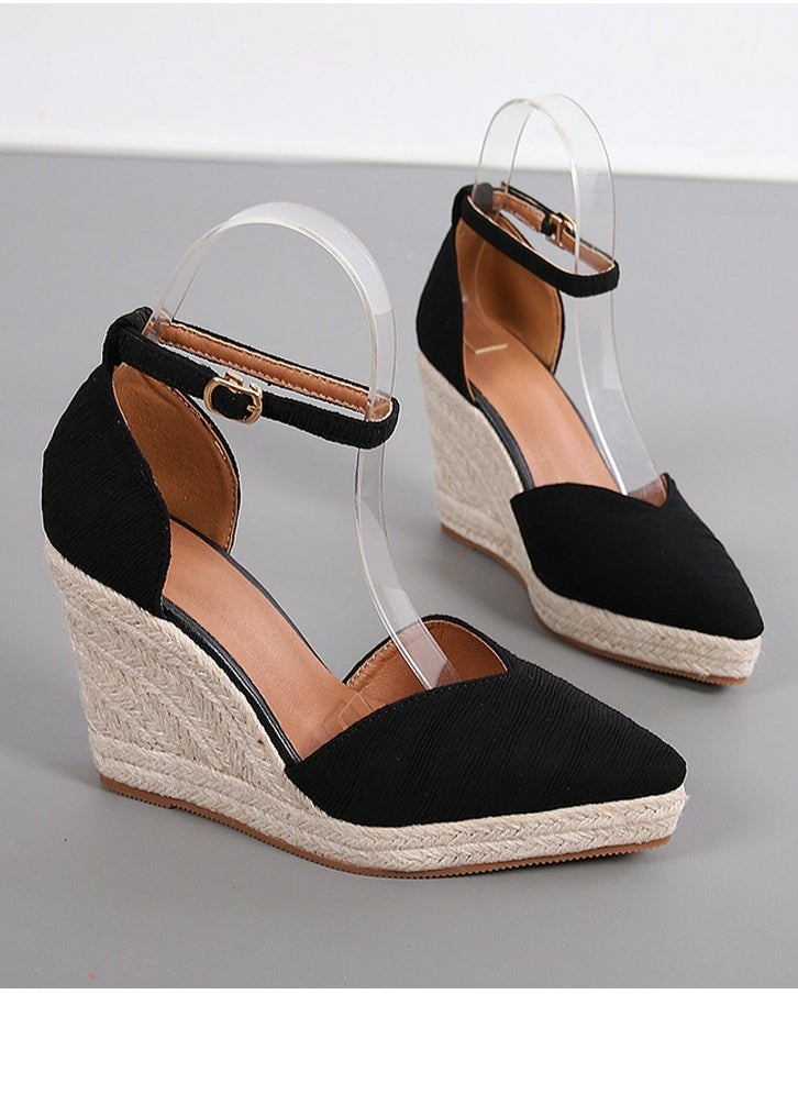 Women's Platform Espadrilles Wedge Sandals Ankle Strap Closed Pointed Toe Heeled Shoes Black