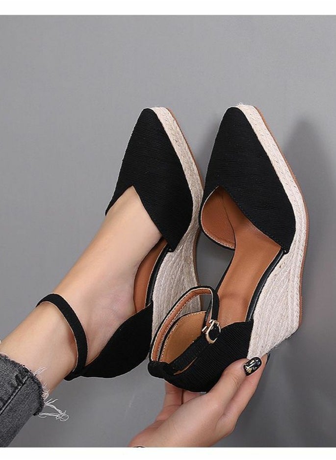 Women's Platform Espadrilles Wedge Sandals Ankle Strap Closed Pointed Toe Heeled Shoes Black