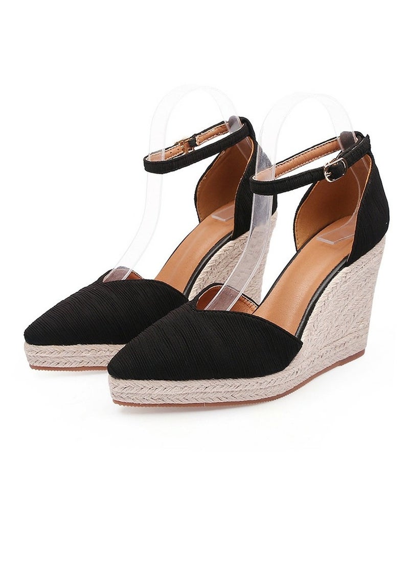 Women's Platform Espadrilles Wedge Sandals Ankle Strap Closed Pointed Toe Heeled Shoes Black