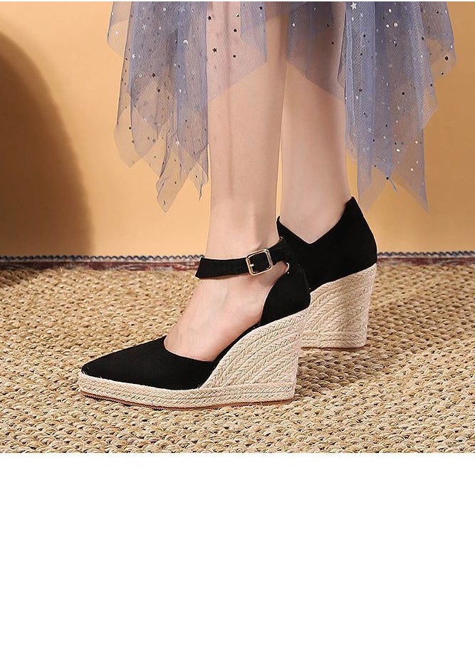 Women's Platform Espadrilles Wedge Heeled Sandals Ankle Strap Closed Pointed Toe Wedge Shoes Black